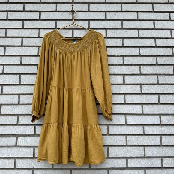 Old Navy Long-Sleeve Tiered Smocked Embroidered Mini Swing Dress Gold Celandine - Picture 2 of 10